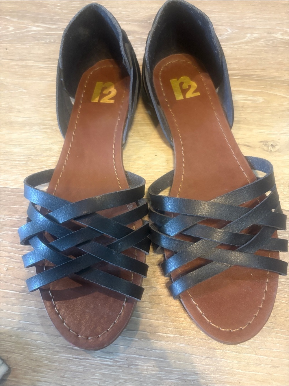 R2 Black Woven Strappy Flat Sandals for Women